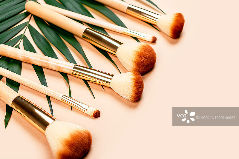 腮红和蜜粉用柔软刷子，零浪费理念。米色背景上带绿叶的天然木制化妆刷套装。扁平风格。留白。图片素材