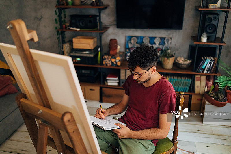 新冠疫情居家隔离期间，年轻艺术家用速写本和画布消磨创意时光图片素材