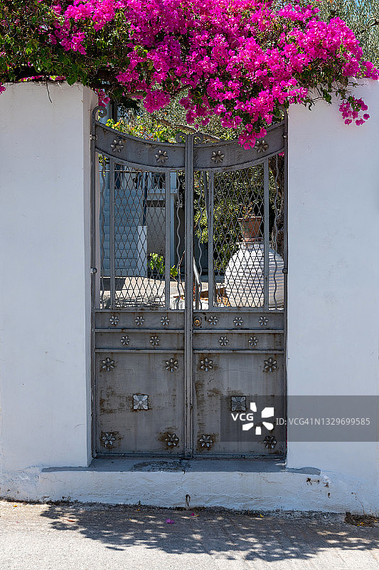 希腊的门上方的三角梅树图片素材