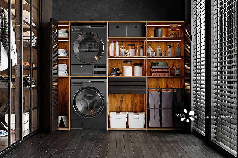 带洗衣机、烘干机、洗衣篮和折叠毛巾的豪华洗衣房内部图片素材