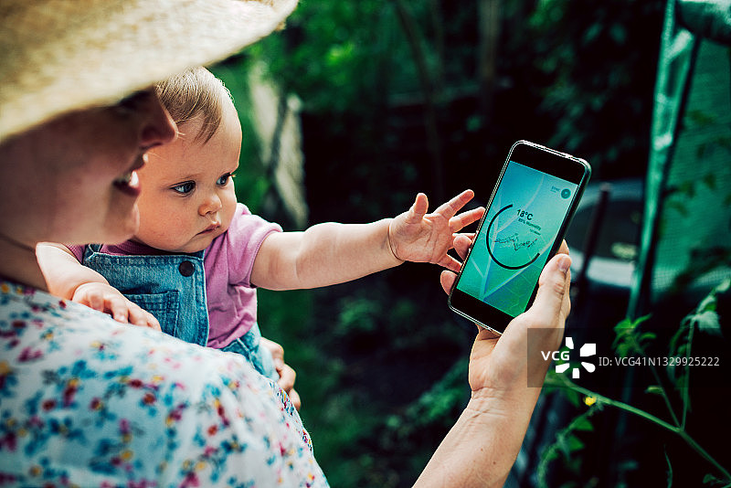 女人用手机查看植物生长数据图片素材