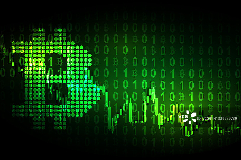 加密货币插图概念：比特币符号与下跌的图表和明亮的绿色，用于比特币在线交易背景图片素材