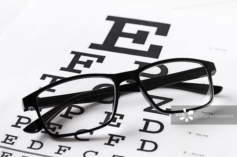 视力检测表上的黑色透明时尚眼镜图片素材