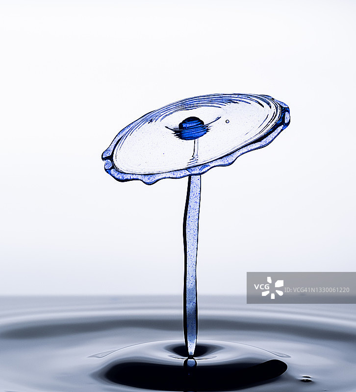 蓝色水滴（水蘑菇）在白色背景上的碰撞图片素材