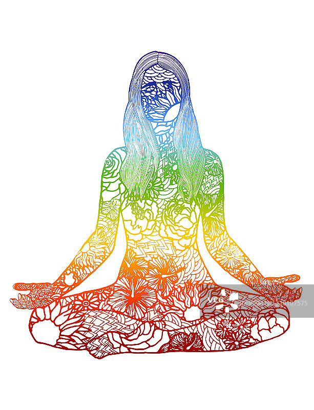 脉轮冥想学生线条画鲜花填充启蒙彩虹图片素材
