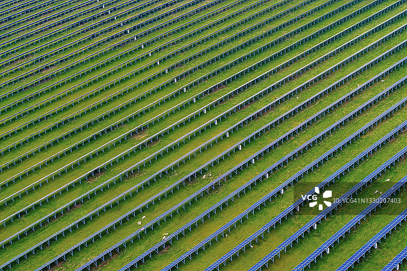 无人机视角下的太阳能电池板阵列图片素材