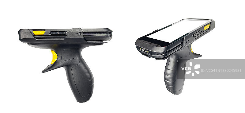 手持蓝牙激光条形码扫描器，隔离在白色背景上图片素材