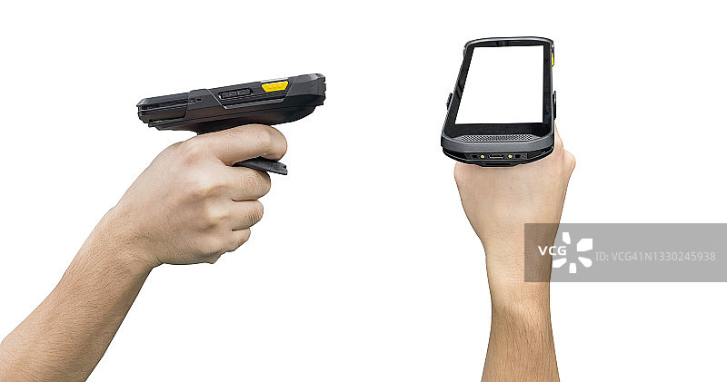 手持蓝牙激光条形码扫描器，隔离在白色背景上图片素材