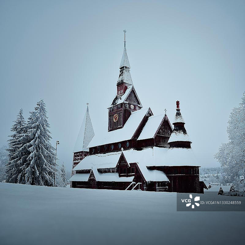 哈嫩克莱木板教堂冬季雪景，位于德国下萨克森州哈尔茨国家公园图片素材