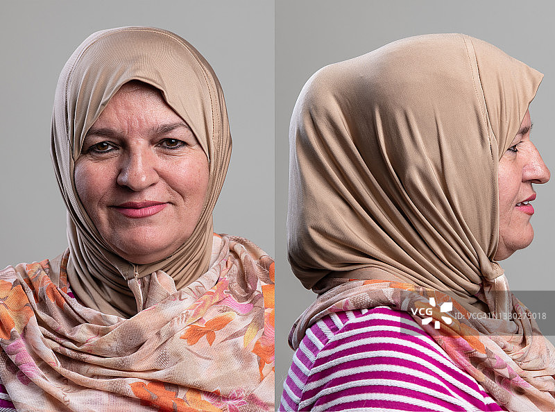 微笑的穆斯林中年妇女正面和侧面照片图片素材