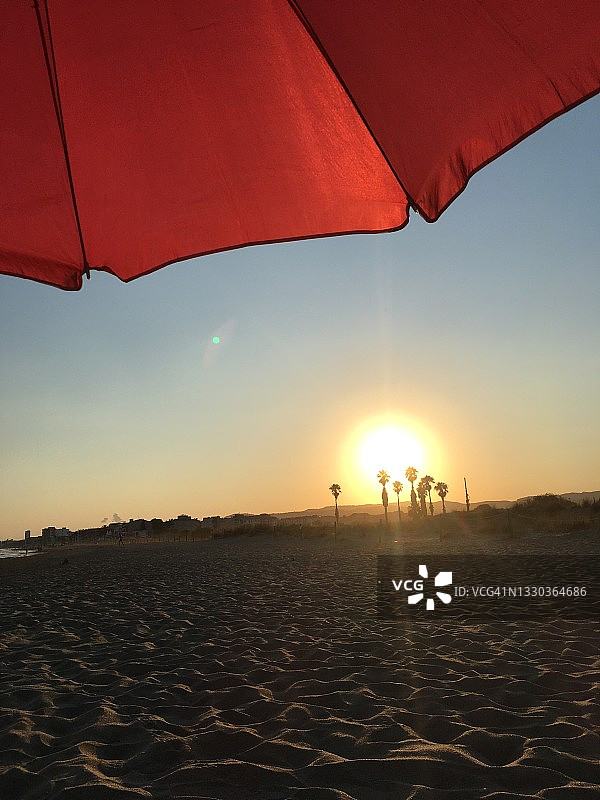 日落时分，棕榈树下的海滩遮阳伞图片素材