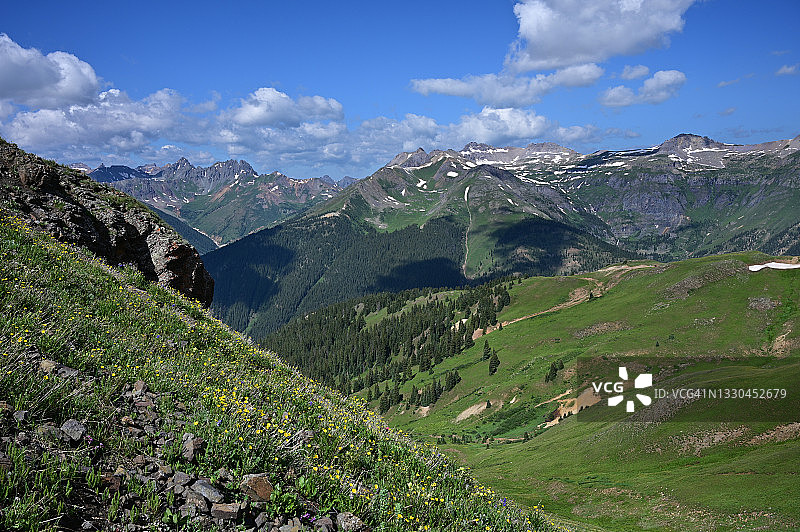 野花盛开的陡峭山坡和山脉景观图片素材