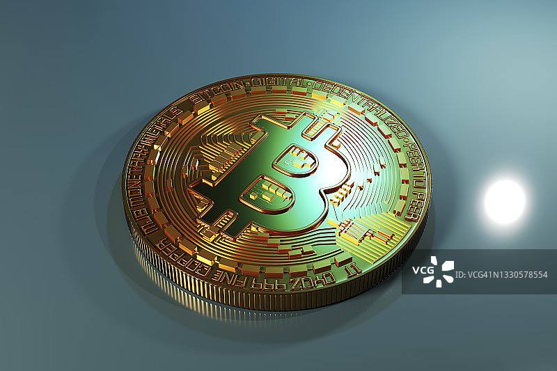 单个金色比特币的三维渲染图片素材