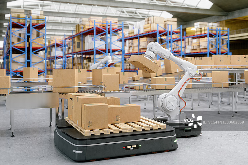 现代配送仓库中的自动化机器人搬运车和机械臂图片素材