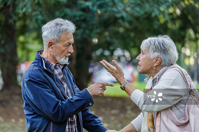 一对老年夫妇在公园里进行严肃的讨论图片素材