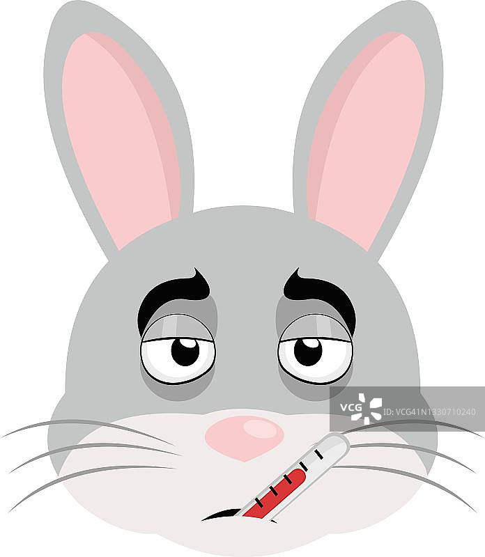 兔子头像的矢量表情插画，表情疲惫，发烧，嘴里含着温度计图片素材