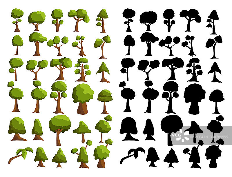赛斯黑色剪影和现实的树从不同的气候区在白色的背景-向量图片素材