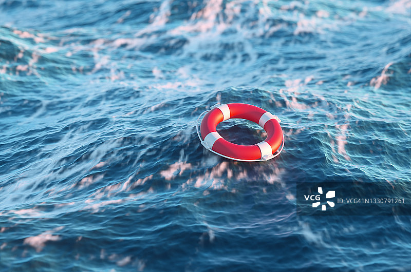 风暴中海浪上的红色救生圈3D渲染插画图片素材