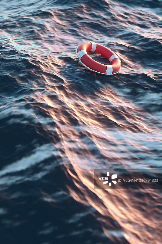 风暴中海浪上的红色救生圈3D渲染插画图片素材