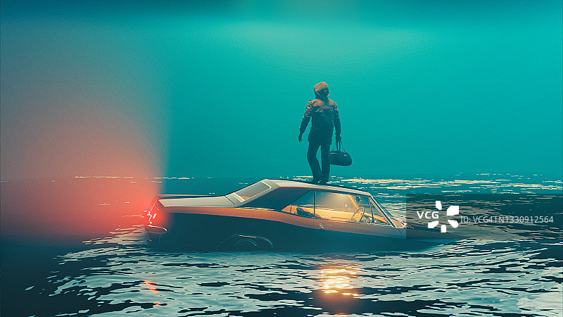 汽车沉入水中，司机逃生并站在车顶上图片素材