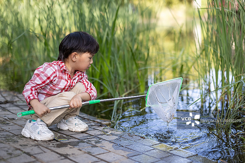 小男孩在池塘边玩耍图片素材