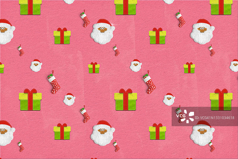 红色圣诞袜、圣诞老人头像和绿色背景礼品图案图片素材