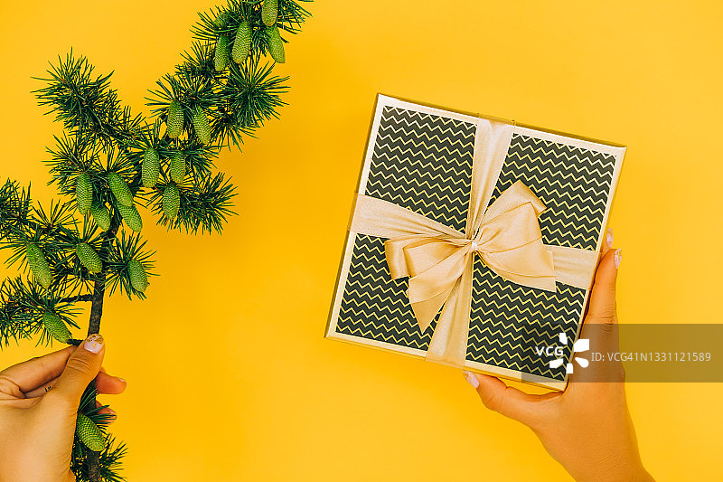 精致美甲的女人手拿黑色礼品盒，金色图案和丝绸蝴蝶结，2021年流行色，圣诞节概念，扁平风格，留白图片素材