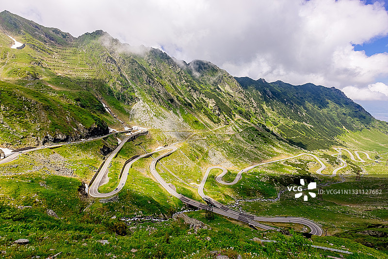 阳光明媚的特兰斯法格拉山公路航拍，位于罗马尼亚特兰西瓦尼亚图片素材