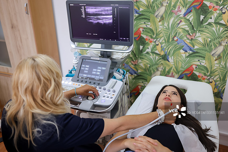 年轻女性在女医生办公室接受甲状腺超声检查图片素材