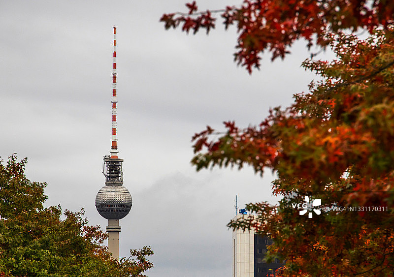 秋季树木掩映下的柏林电视塔（德国）图片素材