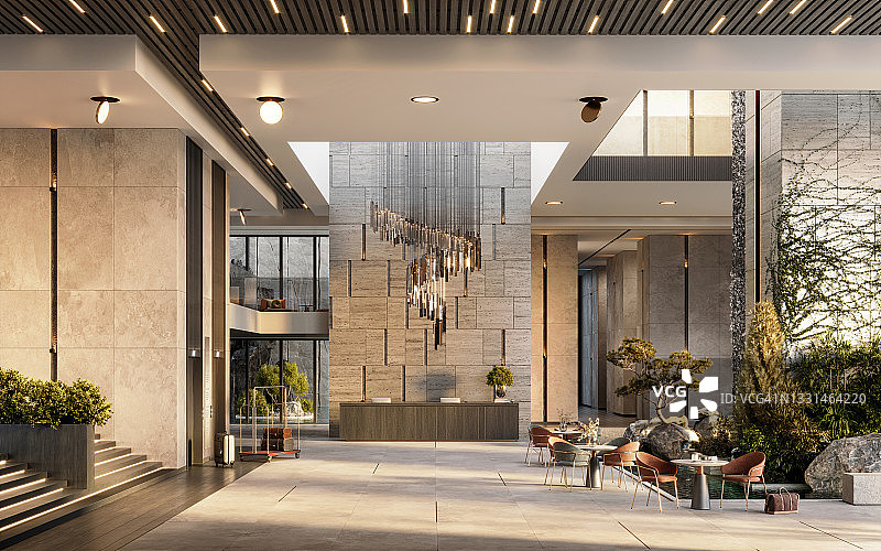豪华酒店接待区3D渲染图片素材