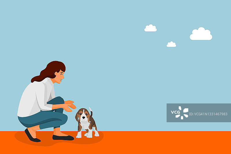 宠物领养插画：女人在阳光下和小狗玩耍图片素材