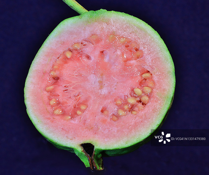 深色背景下的半个成熟粉色番石榴图片素材