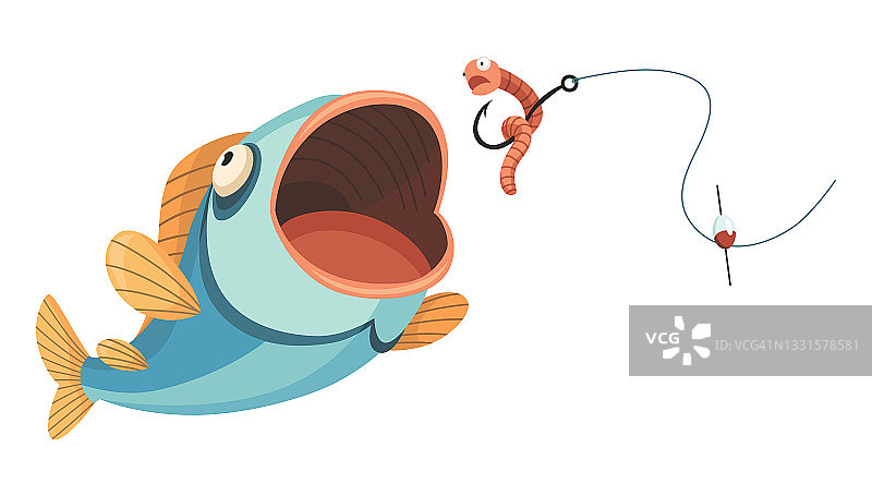 卡通鱼咬钩：捕捉鱼饵的瞬间，运动爱好矢量插画图片素材