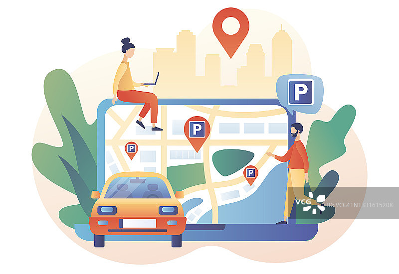 在线地图中的停车场：人们通过网站寻找停车位，公共停车场城市交通，现代扁平卡通风格矢量插图，白色背景图片素材