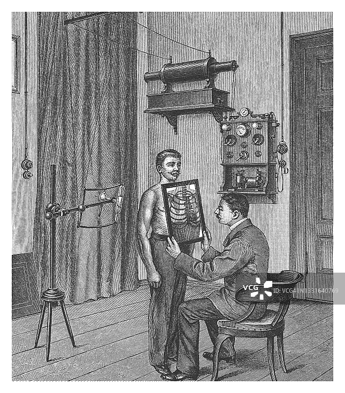 老式雕刻插图：早期伦琴X射线设备图片素材