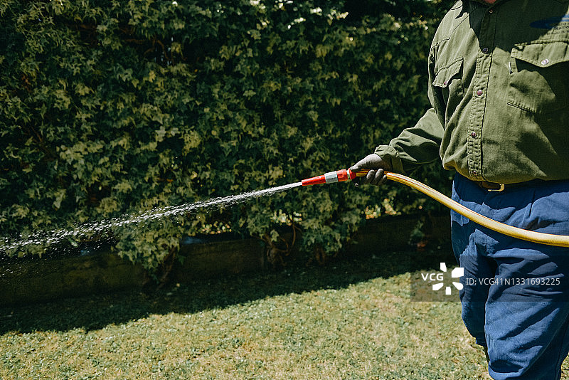 男子用软管浇草图片素材