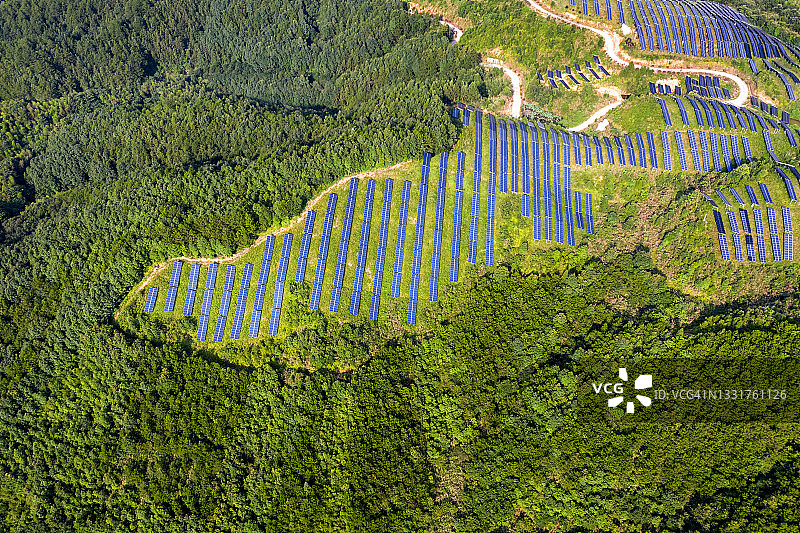太阳能电池板和绿色植物和谐共存的空中鸟瞰图片素材