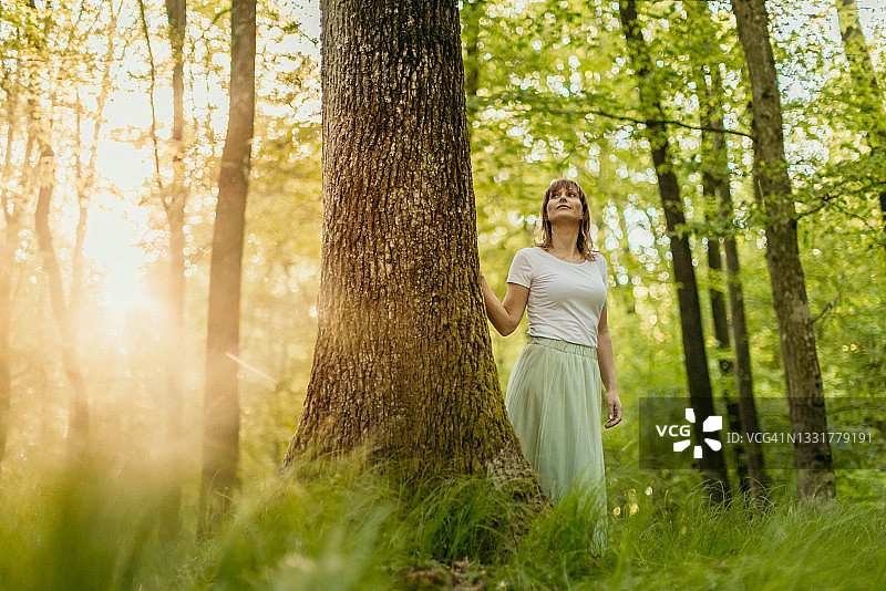 女人在森林里欣赏风景图片素材