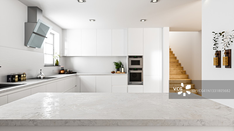 现代厨房中空荡荡的石制厨房台面图片素材