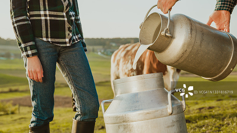 农民将原奶倒入容器中图片素材