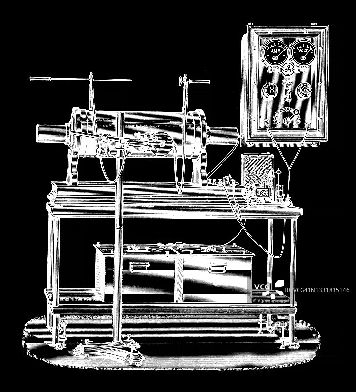 老式雕刻插图：早期伦琴X射线设备图片素材