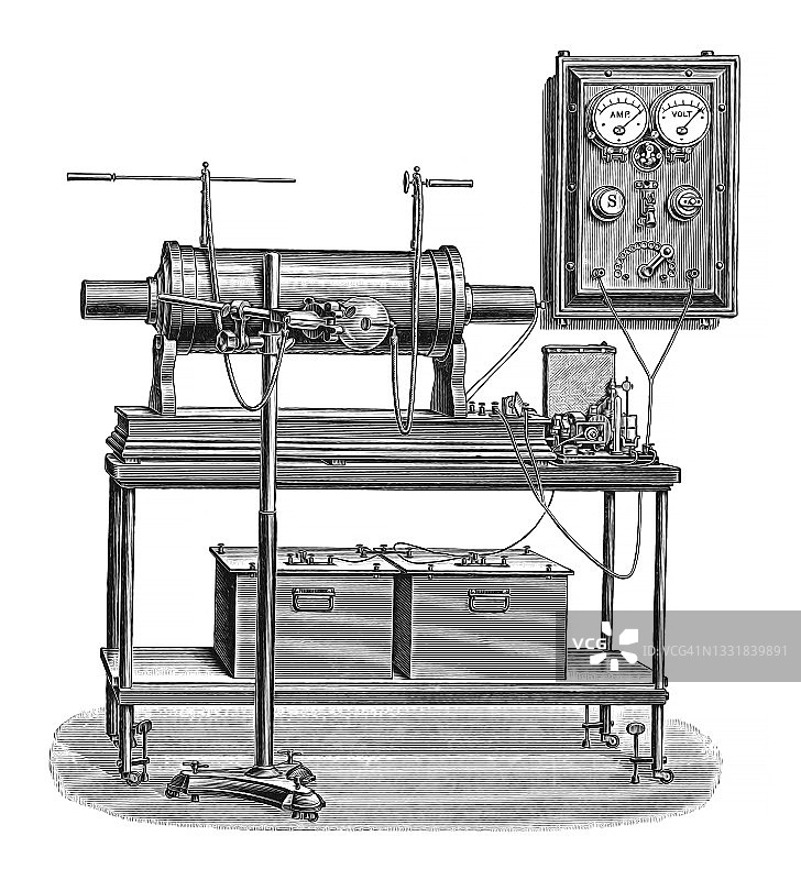老式雕刻插图：早期伦琴X射线设备图片素材