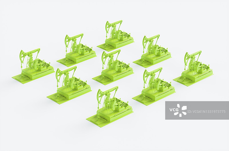 白色背景下的波普艺术绿色油泵，化石油抽油机概念CGI插画图片素材