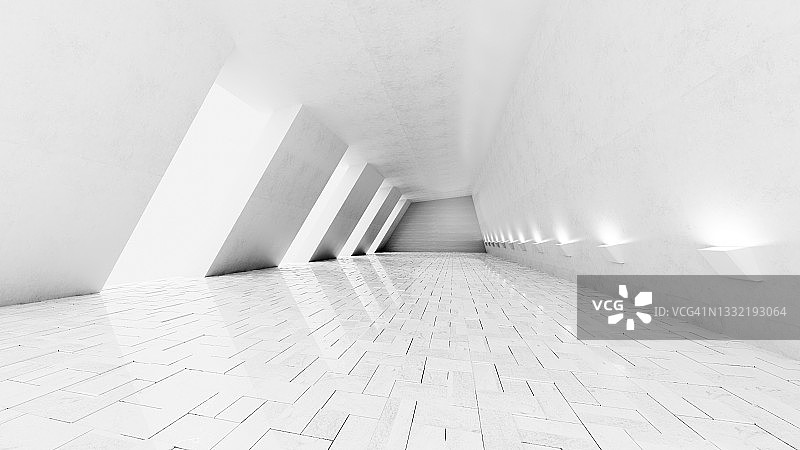 倾斜墙壁的白色空旷走廊的三维渲染图片素材
