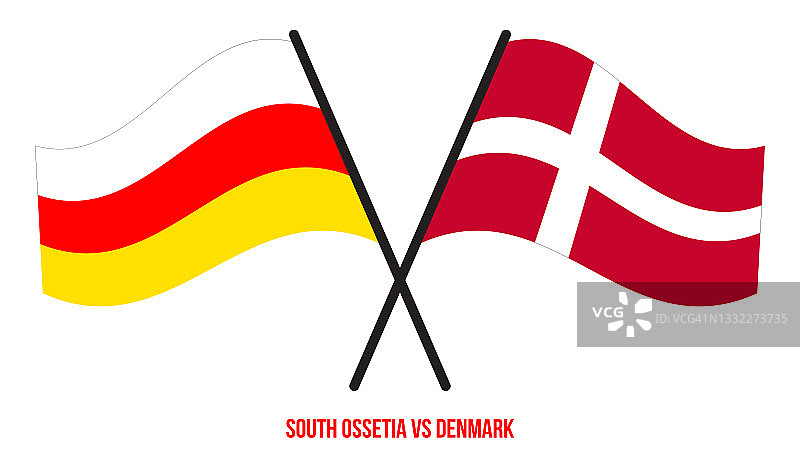 南奥塞梯与丹麦国旗交叉飘扬扁平风格。官方比例。正确的颜色。图片素材