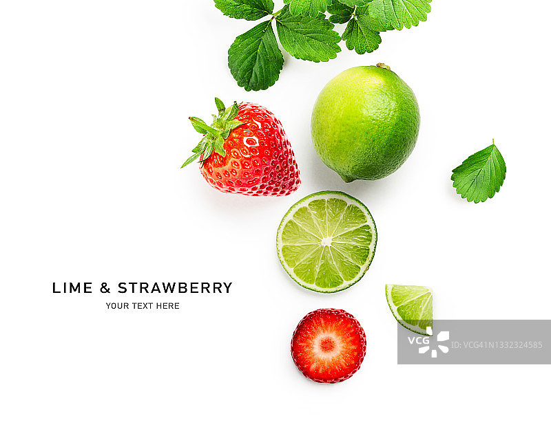 酸橙柑橘水果和草莓创意布局图片素材