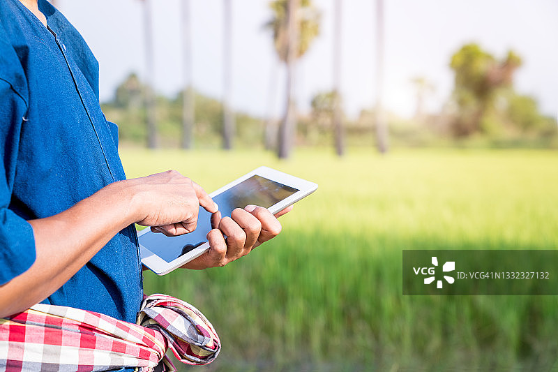 农民在数字平板电脑上使用互联网农业技术，农民社交网络概念图片素材