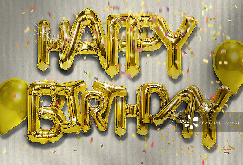 金色气球与闪光纸屑生日祝福图片素材