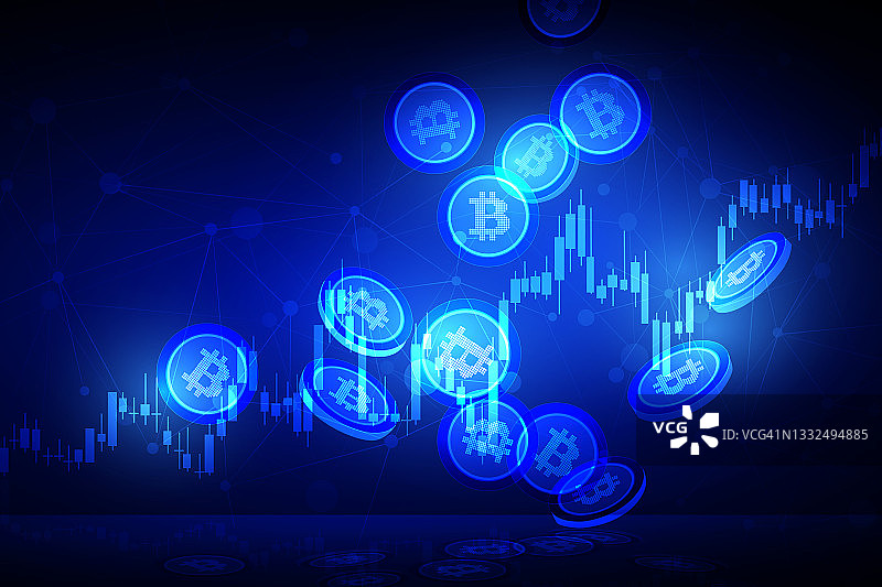 加密货币插图概念：比特币下跌，蓝色发光背景上的增长标志图片素材